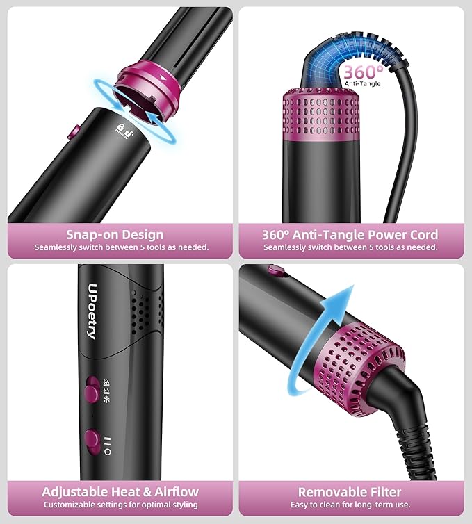 5 in 1 Hot Air Styler & Hair Dryer Brush, High-Speed Blow Dryer, 1300W Fast Drying Curling Without Heat Damage, Volumizing Straightening, Auto Wrap Curlers Includes Travel Storage Bag
