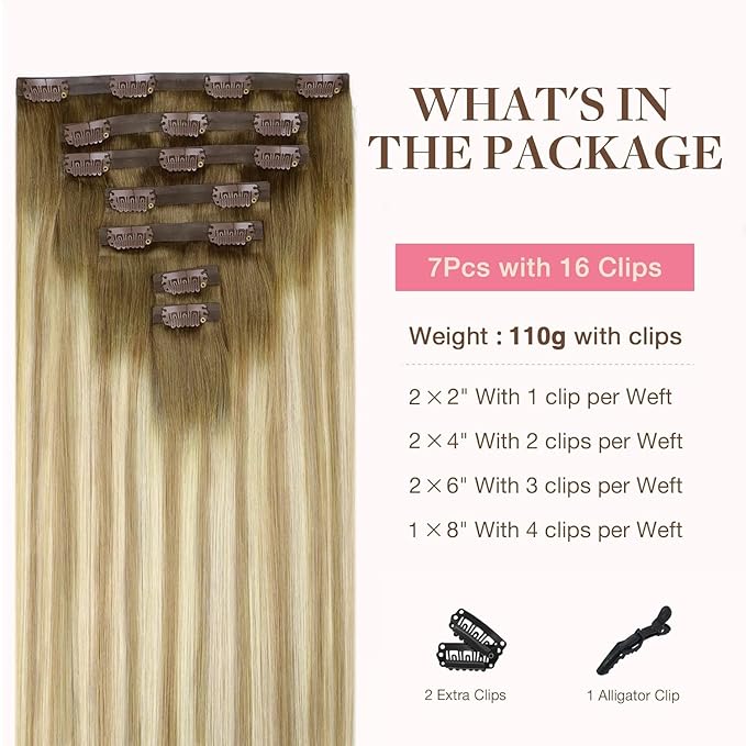 GOO GOO Clip in Hair Extensions Real Human Hair, Remy Human Hair Extensions Clip ins for Women, Natural Human Hair, 14inch 110g 7Pcs, 5A/90/16F Bahamian Balayage