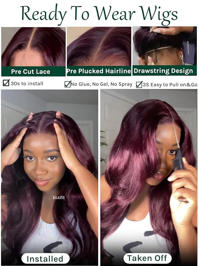 KLAIYI Black Cherry Loose Body Wave Bye Bye Knots Glueless Wig 7x5Precut Lace Front Wigs Human Hair Drawstring Pre Plucked Bleached 30S Ready to Wear and Go Wig with Face Framing Bangs Burgundy 14Inch