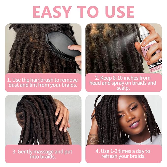 Braid Spray Rose Water for Dreads, Dreadlocks, Locks Spray Rose Water for Itchy Scalp, Shine&Bightweight for Dull Hair Twists, Cornrows, Box Braids Moisturizer Loc Moisturizer Braid Bristle Hair Brush