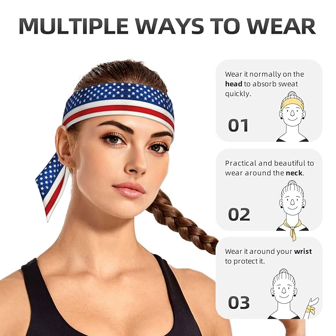 Men Women Sports Sweat Band, Multifunction Elastic Head Ribbon for Running Workout Shower, Novelty Wooden American Flag Headdress Hair Decor
