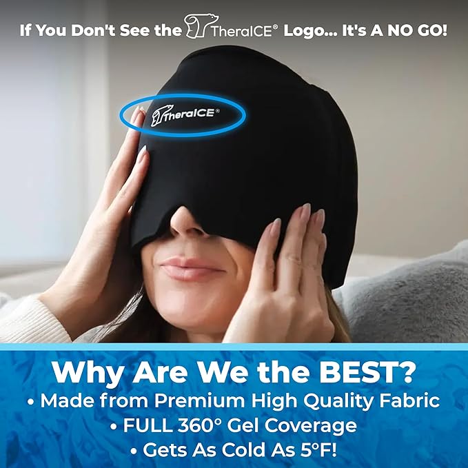 TheraICE Migraine Relief Cap, Migraine Ice Pack Mask, Women Cooling Gel Hat, Face Cold Compress Head Wrap for Her Stress. Great Gift for Mom, Sister, Girlfriend, Grandma & Teacher