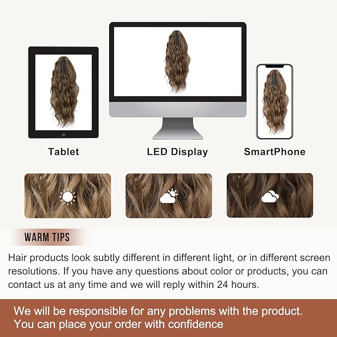 FLUFYMOOZ Ponytail Extension, 18 Inch Claw Clip Ponytail Extension, Wavy Curly Claw Clip in Ponytail Hair Extensions, Fake Ponytail Synthetic Hairpiece(Medium Brown with Medium Auburn)