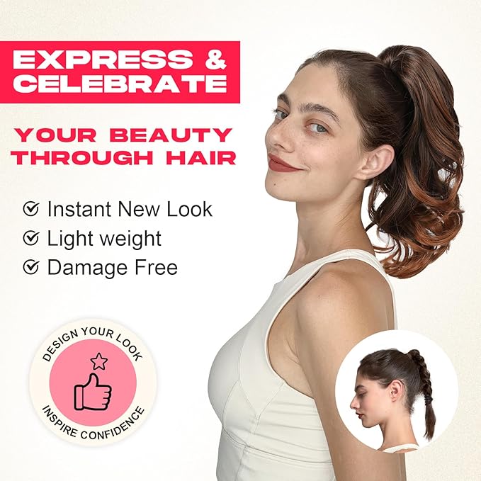 Ponytail Extension - 14" Claw Clip in Ponytail Hair Extensions Natural Soft Synthetic Layered Wavy Pony Tail Hair Pieces for Women - Auburn Brown