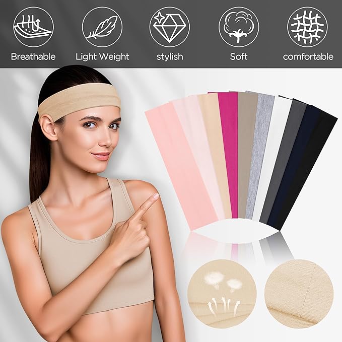 10 PCS Headbands for Women - Fashion Non Slip Cotton Headbands for Women and Men Perfect for Sports and Outdoor Activities in Summer,Including Running, Yoga, Cycling, Gym Workouts