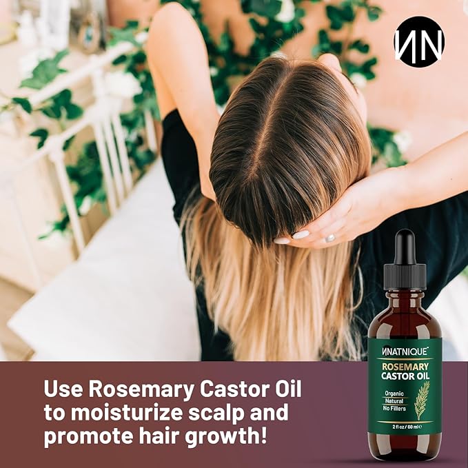 Natnique Rosemary Castor Oil – 100% Pure Cold-Pressed Organic Hair Growth Oil, Hexane-Free Scalp Serum & Moisturizing Treatment for Dry Scalp, Fuller Hair, Stronger Roots & Natural Care – 2oz