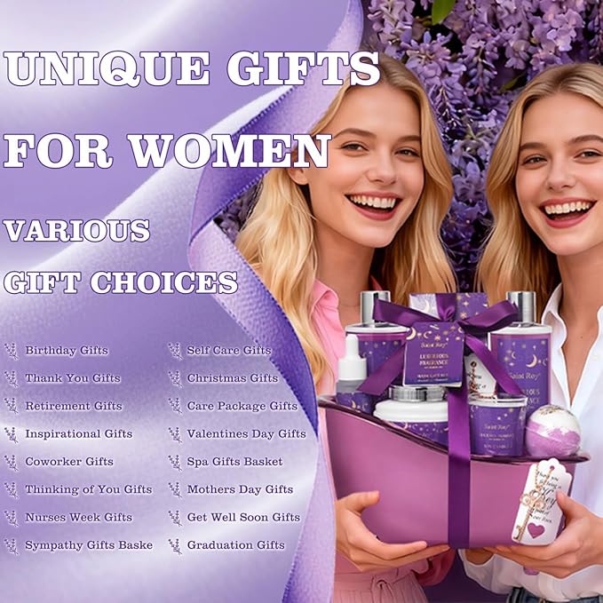 Bath Basket Spa Kit Spa Gifts for Women, Luxury Bath and Body Basket Set 10pcs Self Care Kit Lavender Scent Birthday Gifts Skin Care Set, Christmas Gifts for Women, Beauty kits Bridal Shower