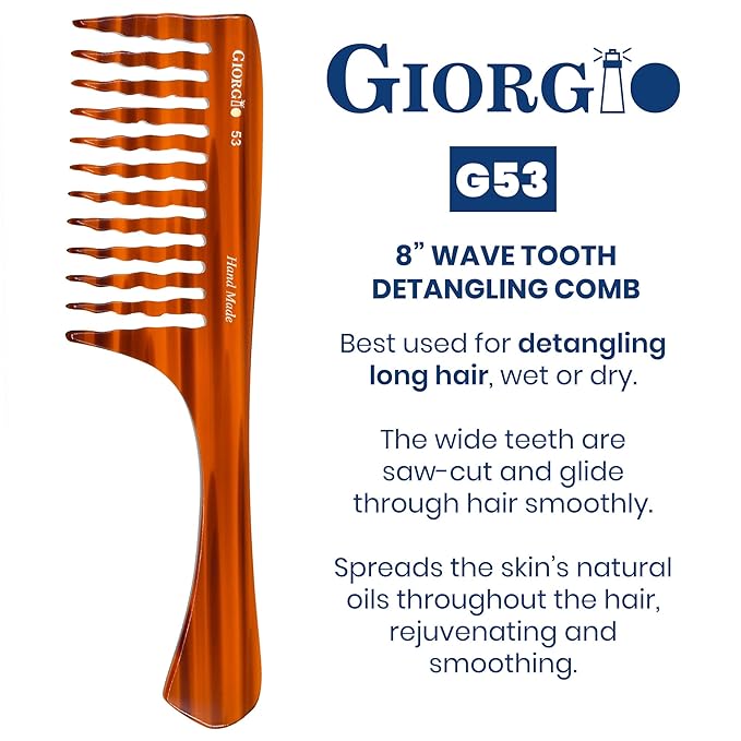 Giorgio G53 Wide Tooth Comb for Curly and Thick Hair, Large Handmade Rake Comb for Wet and Dry Use, Saw-Cut and Hand Polished (8")