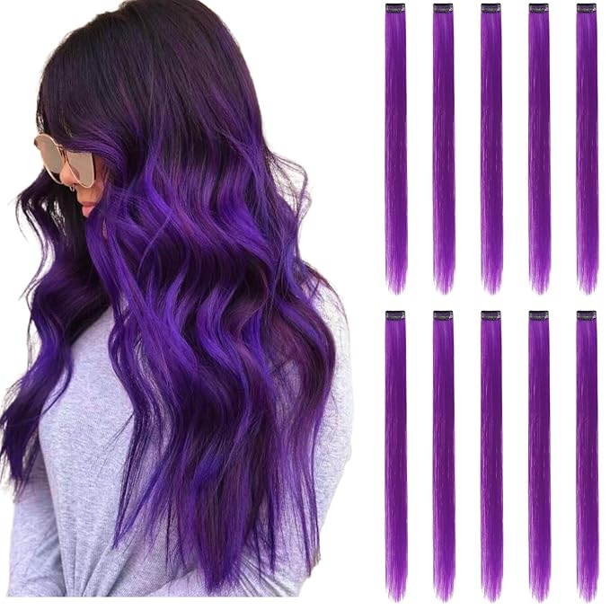 Purple Hair Extensions Clip in, 22 Inch 10 Pieces Long Straight Colored, for Kids Girls Women Highlight Party, Synthetic
