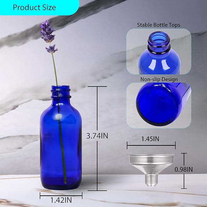 DIDITIME 2 oz Shot Bottles with Caps & Stainless Steel Funnels, Juicing Bottle Reusable Glass, 60ml Small Jars with Lids for Potion, Ginger Shots, Oils, Juice (Cobalt Blue, 12-pack)