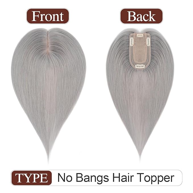 SEGO Hair Topper for Women, No Bangs Real Human Hair Topper with Anti-Slip Clips (12 Inches #Grey)