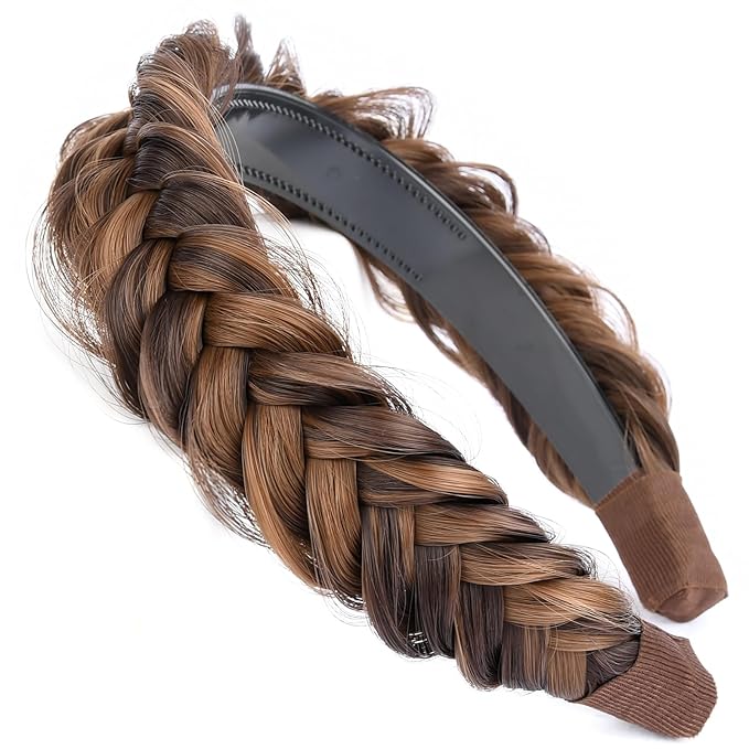 DIGUAN Wide Messy Braided Headband With Teeth Synthetic Hair Plaited Headband High Elasticity Braids Chunky Fishtail Braided Hair Band for Girls Women (Chocolate Toast)