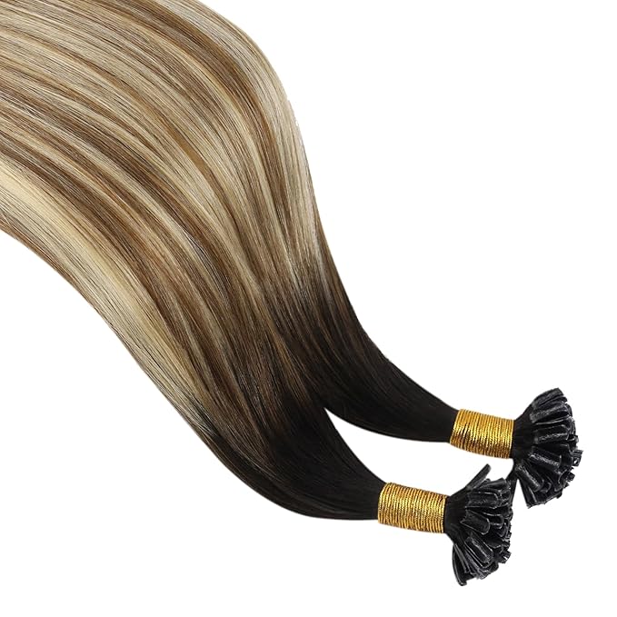 YoungSee U Tip Hair Extensions Human Hair Balayage Utip Hair Extensions Dark Brown Ombre Brown with Blonde Hot Ktip Fusion Hair Extension U Tip Human Hair Extension for Short Hair 14In 50s/50g