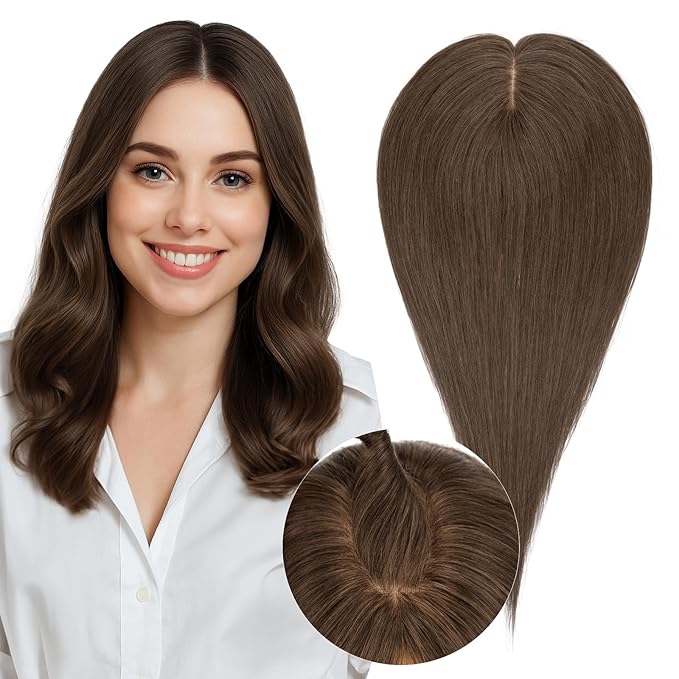 Real Human Hair Toppers for Women 3.54"*4.72" Silky Base 150% Density No Bangs Adjustable Parting Clip-In Topper Hairpieces for Women with Thinning Hair 16 Inches Natural Brown
