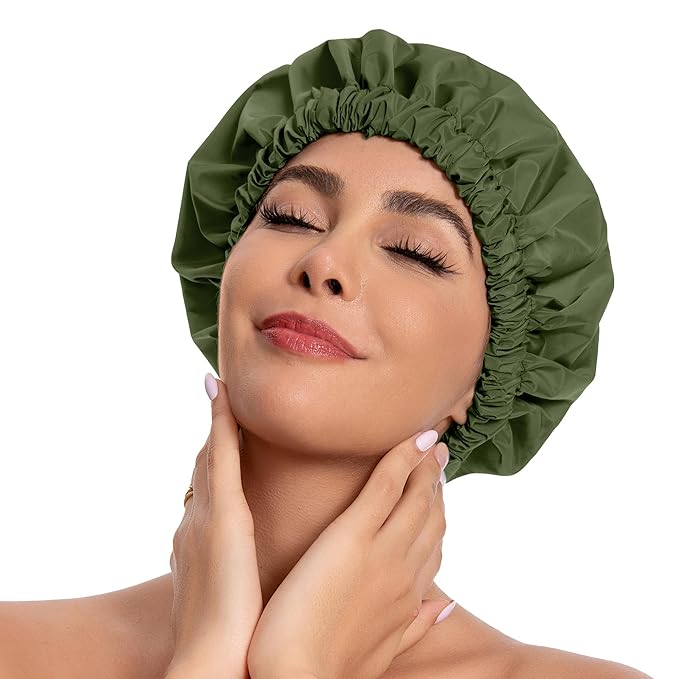 Reusable Shower Cap for Women, Stylish Large Waterproof Shower Bonnet Washable Wide Elastic Band Hair Cap for Long Hair, Braids Bath Hat(Army Green)
