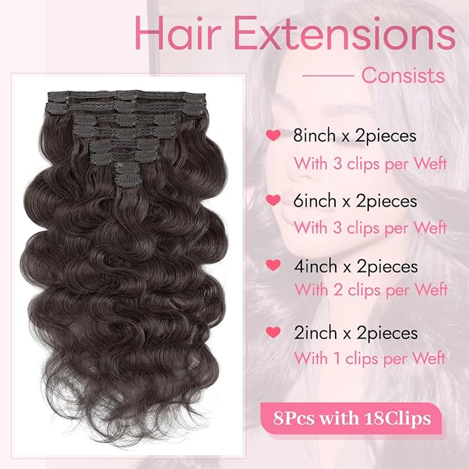 Clip in Hair Extensions Real Human Hair Body Wave 2 Dark Brown Clip in 100% Brazilian Remy Human Hair Extensions 8pcs Per Set with 18 Clips Double Weft 24 Inch 120g/3.6oz