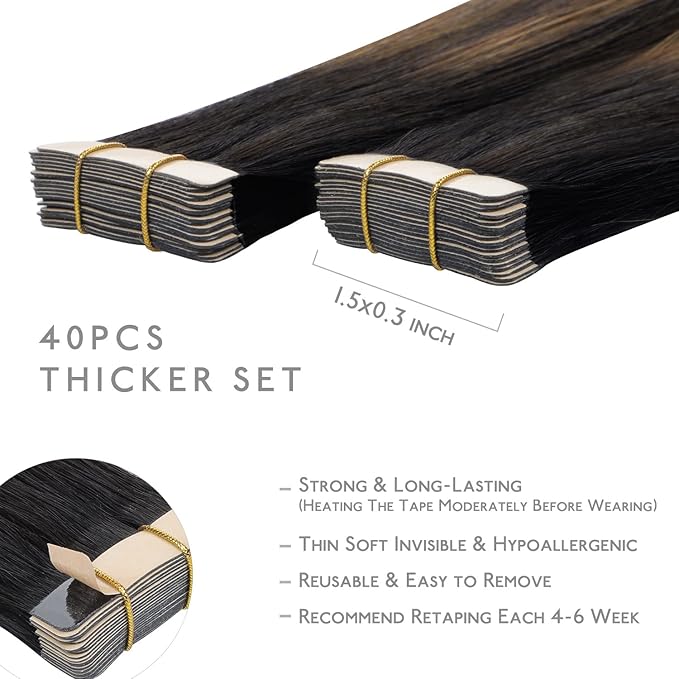 WENNALIFE Tape in Hair Extensions Human Hair, 40pcs 80g 12 inch Balayage Natural Black to Chestnut Brown Hair Extensions Real Human Hair Straight Tape in Extensions Invisible Human Hair Extensions