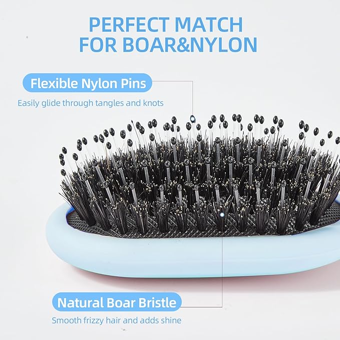 Boar Bristles Hair Brush for Women and Men, Detangling Hair Brush for Smoothing Massage Add Shine, Nylon&Boar Bristles Detangler brush for Hair Healthy (Medium-Blue)