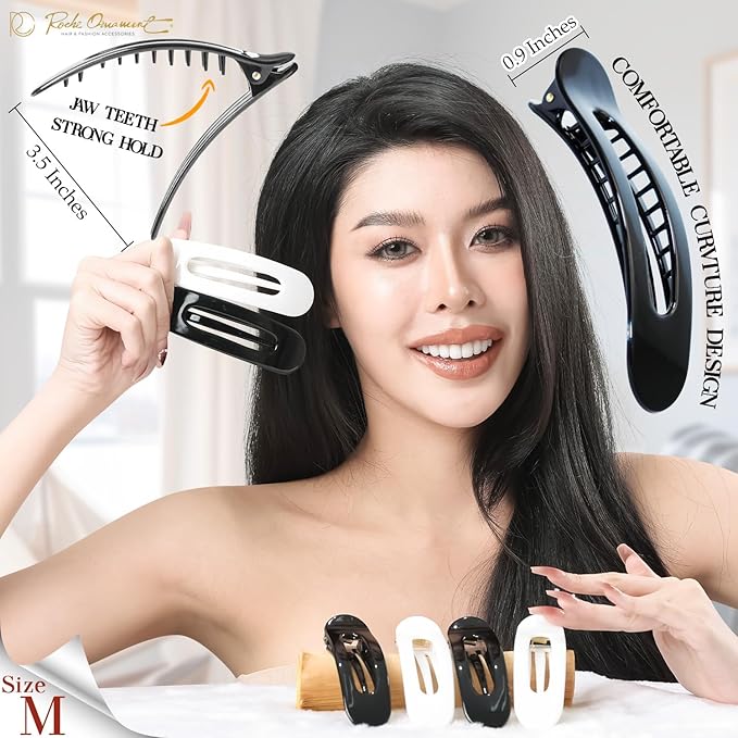 RC ROCHE 6 Pcs Flat Claw Hair Clips for Women Lay Down Barrettes No Crease Side Slide Thick Long Hair Duckbill French Against Head Jaw Claw Styling Clamp, Medium Black & White