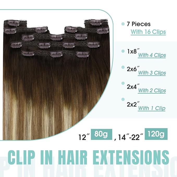 YoungSee Balayage Clip in Hair Extensions Real Human Hair Chocolate Brown Roots to Medium Brown with Blonde Ombre Clip in Extensions Human Hair Clip ins for Women 14inch 120g