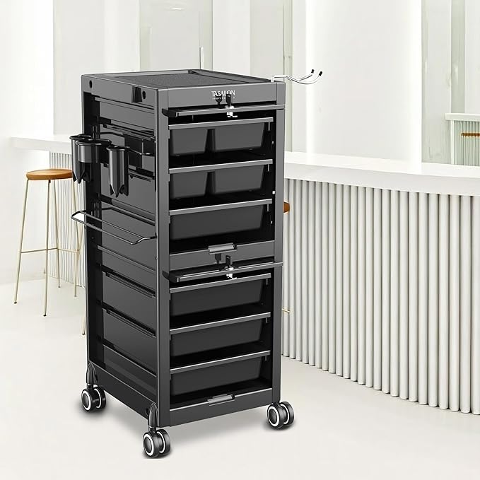 TASALON Professional Salon Trolley Cart, 6 Drawers with Dividers, Lockable Storage,Versatile Salon Cart for Hair Stylist, Hair Tool Holders, Black