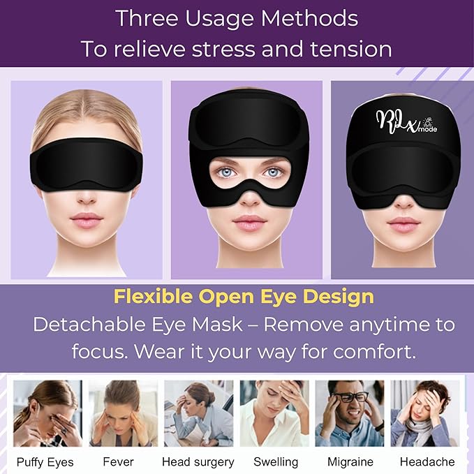 2-in-1 Migraine Relief Cap with Detachable Eye Mask – Hot & Cold Therapy Headache Hat for Migraines, Sinus Pressure, Tension & Stress Relief – Reusable Gel Ice Pack, Light Blocking, Comfortable Fit