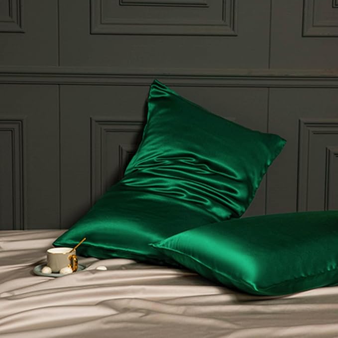 Green Silk Pillow Cases Made in USA, Oeko-TEX Certified 22 Momme Mulberry Silk Pillowcase for Hair and Skin Standard Size with Zipper, Anti Wrinkle,1 Pcs 20"x26" (Standard, Emerald)