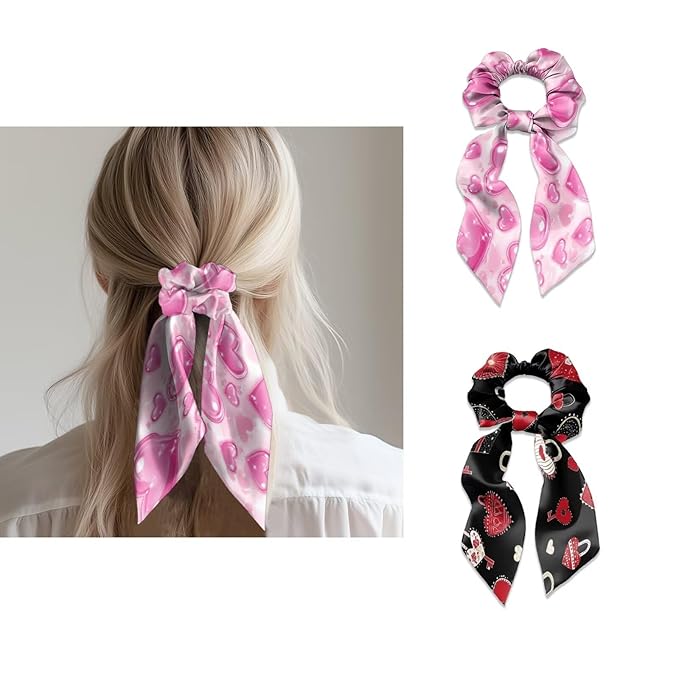 Pink Heart Bow Ribbon Scrunchies Black Hair Ties No Damage Thick Hair for Valentine's Day Satin Hair Scrunchies Pack of 2 Ponytail Holder Scraf Scrunchy