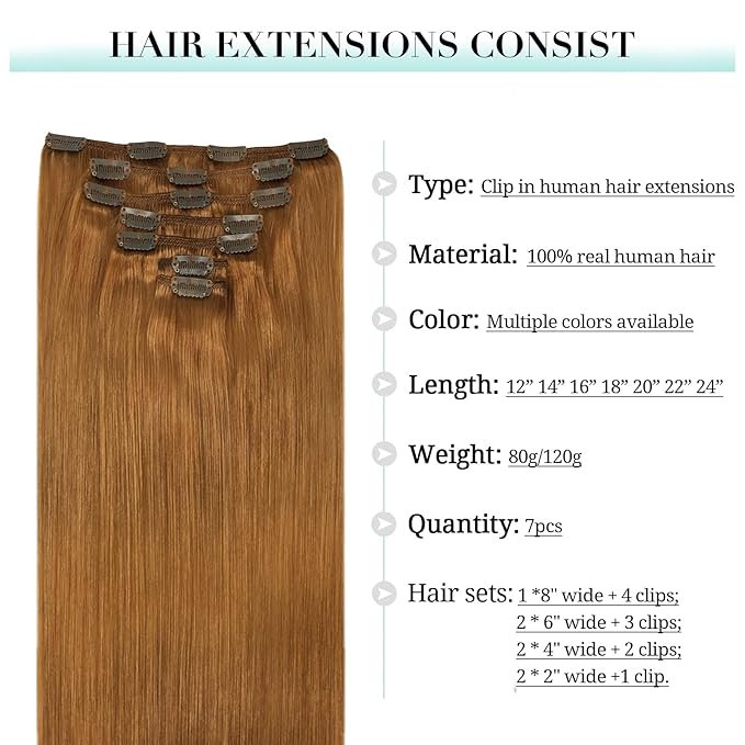 DOORES Clip in Hair Extensions, Medium Auburn 22 Inch 7pcs 120g, Remy Hair Extensions Clip in Human Hair Extensions For Women Clip in Natural Hair Extensions Thick Silky Straight