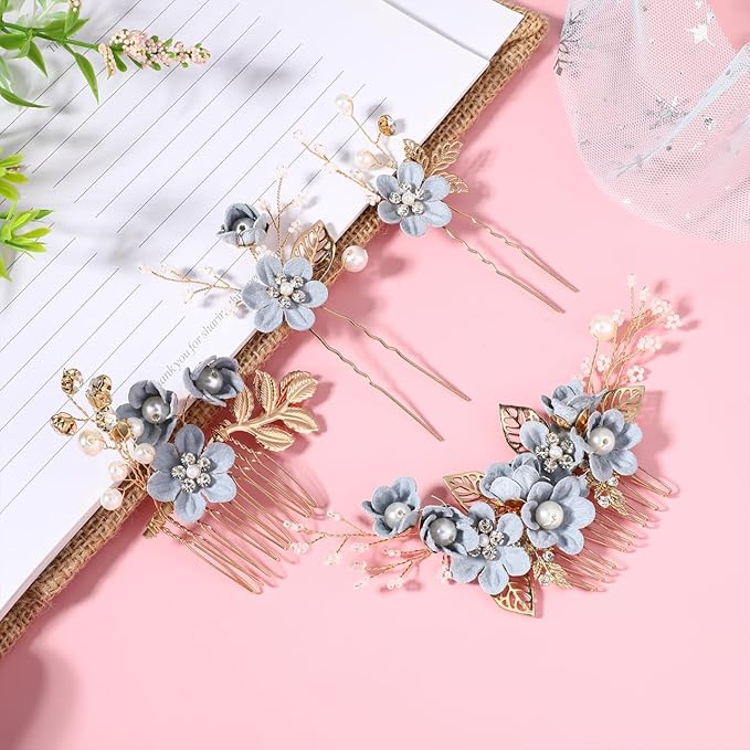 Wedding Flower Hair Accessories for Women: 4pcs Leaf and Flower Hair Combs for Women Accessories - Crystal Pearl Wedding Flower Clips Headpiece for Brides Bridesmaids Girls Updo (Blue)
