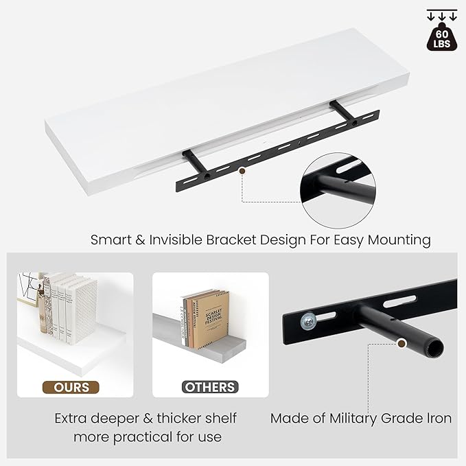 Floating Wood Shelves for Wall 24 Inches x 8”x 1.4” Shelf Floating Home Decor, Heavy Duty Shelf Hold 60 lbs, Wall Shelves for Bathroom Living Room Kitchen Bedroom Office - Set of 2 White
