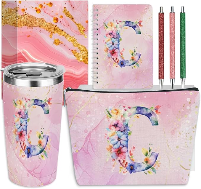 Personalized Gifts Monogrammed Birthday Gifts for Women, Cowerker Wife Sister Wedding Christmas Initial 20 oz Tumbler, Makeup Bag Cup Ballpoint Pens Journal Notebook 6 Set, (Aesthetic Pink Flower C)