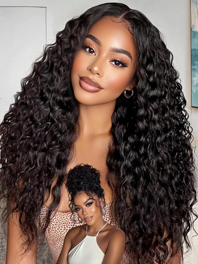 KLAIYI Water Wave Pre Cut 360 Full Lace Frontal Glueless Wig Human Hair Drawstring Pre Plucked Bleached Bye Bye Knots Pre Everything Ready to Wear And Go Curly Beginner Wig with Baby Hair 180% 22Inch