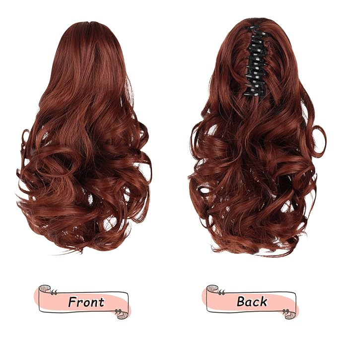 Ponytail Extension, Clip on Ponytails for Women, 12" Claw Clip in Short Curly Wavy Pony Hair Extension for Women - Auburn