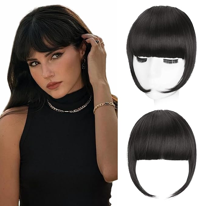 Clip in Bangs, Synthetic French Bangs Hair Clip, Natural Black Fake Bangs Fringe with Temples Hairpieces for Women Natural Curved Hair Extensions for Daily Wear