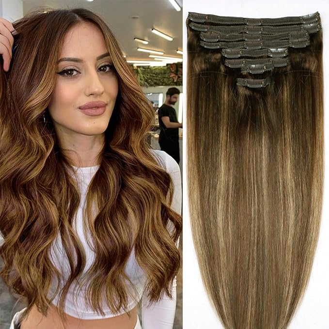 Straight Clip In Hair Extensions Real Human Hair 8Pcs Clip In Balayage Chocolate Brown to Caramel Blonde Human Hair Extensions with 18Clips Lace Weft 120g 24inch