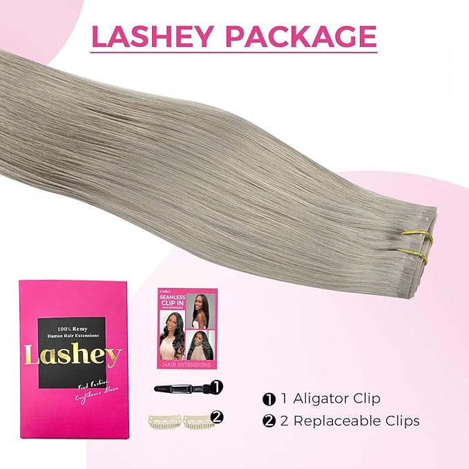 Lashey Seamless Clip in Hair Extensions Human Hair 4pcs 50g Grey 22 Inch Long Straight Clip in Hair Extensions Human Hair with Invisi Edge
