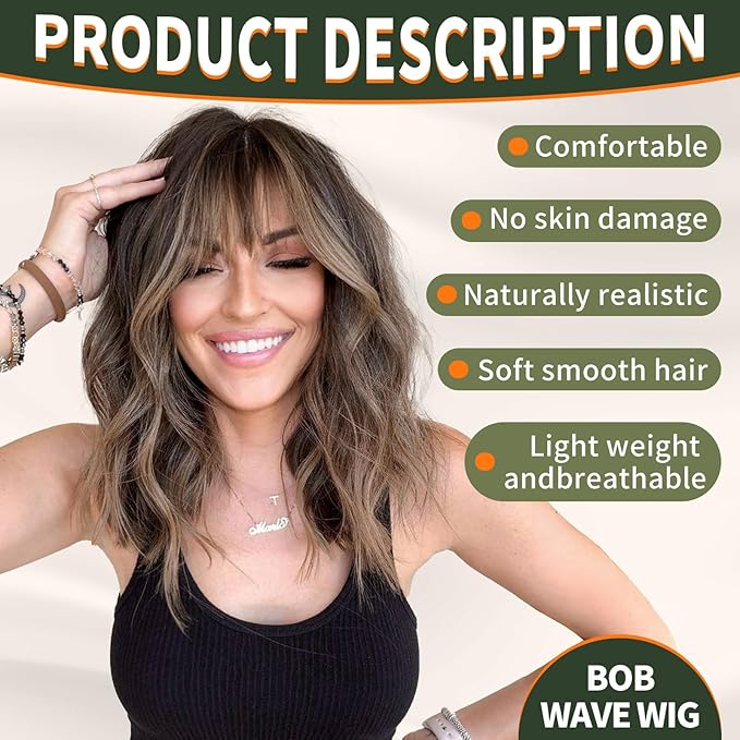 Brown Wig with Bangs,Brown Highlight Synthetic Shoulder Length Curly Wavy Wigs for Women Party Daily Use 18IN