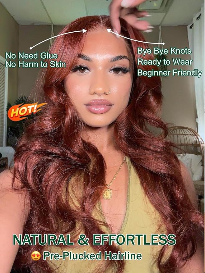 KLAIYI Bye Bye Knots Glueless Wig Reddish Brown Body Wave 7x5 Pre Cut HD Lace Front Wigs Human Hair Put On And Go Wig Pre Bleached Pre Plucked with Baby Hair 30S Ready To Wear 150% Density Full 22Inch