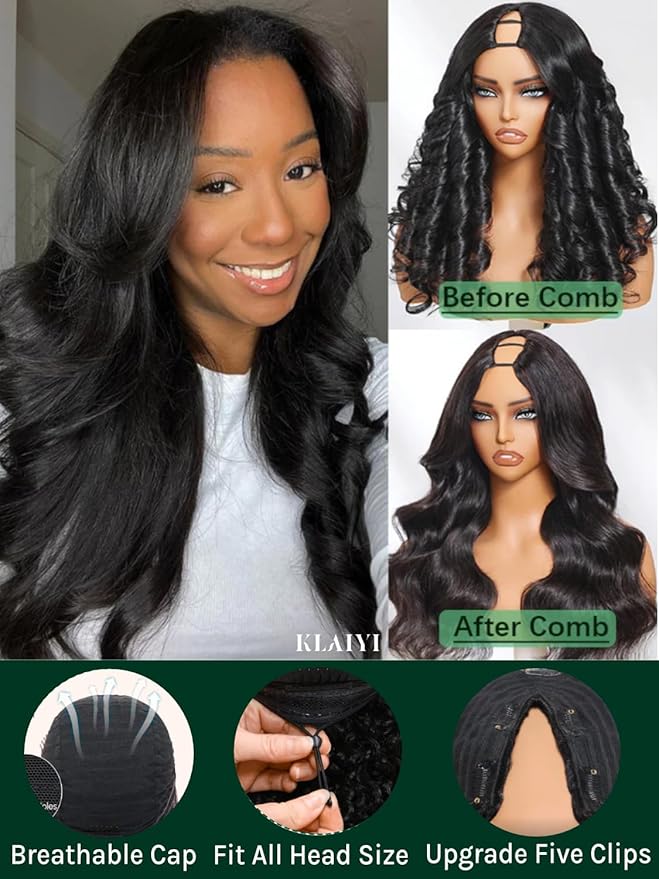 KLAIYI EasiContour V Part Wig Human Hair Body Wave Glueless Upgrade U Part Wig No Leave Out No Gel Clip in Half Wig V Shape Pull and Go Beginner Friendly Ready to Wear Natural Black Color 150% 14Inch