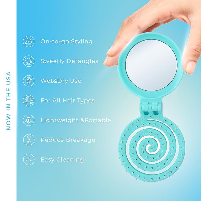 Mini Detangler Travel Hair Brush with Mirror, Makaron Hair Brushes for Women, Men and Kids, Unique 3D Flexible Design for All Hair Types, Styling Accessory, Travel Essentials for Women (BLUE)