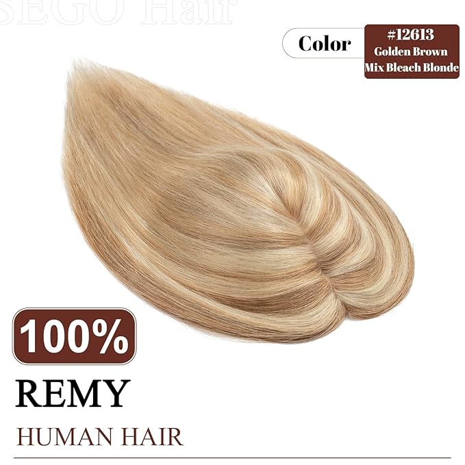 SEGO Real Human Hair Topper for Women, Toppers with 4 Anti-Slip Clips with Thinning hair No Bangs (12 Inch#12P613 Golden Brown Mix Bleach Blonde)