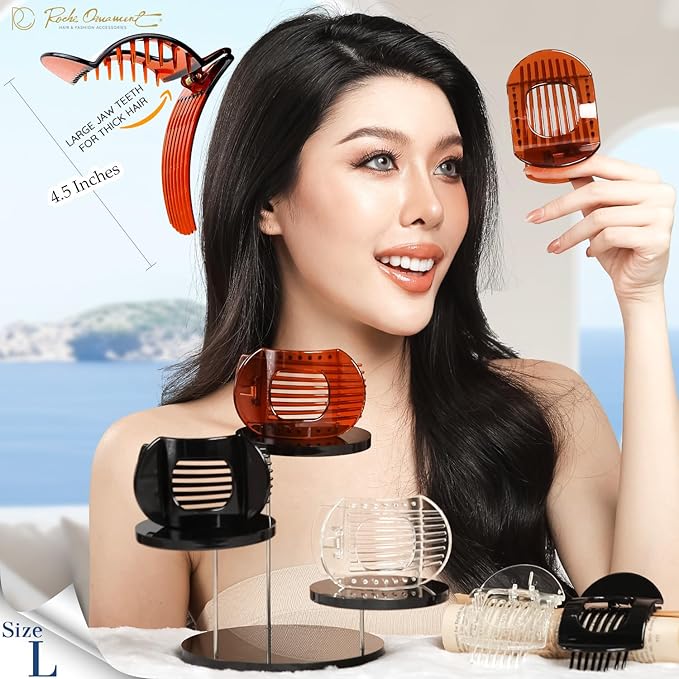 RC ROCHE 6 Pcs Flat Claw Hair Clips for Women Thick Hair French Round Duckbill Square Secure Strong Hold Grip Clamps Barrettes Curved No Slip No Crease Styling Cute Jumbo XL, Large Clear Brown & Black