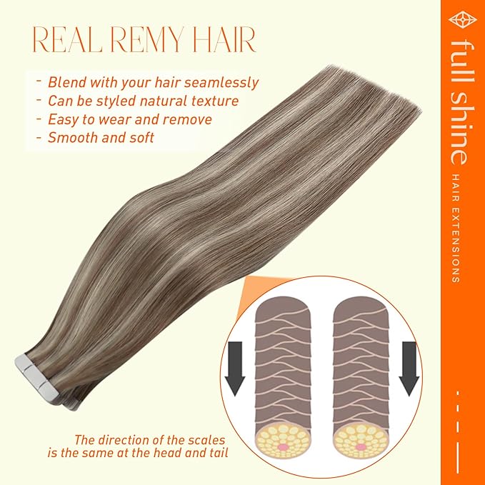 Full Shine Tape in Hair Extensions 18 Inch Ash Brown Highlights Platinum Blonde 8p60 Invisible Tape in Hair Extensions Human Hair Adhesive Remy Seamless Tape Extensions 50G 20Pcs for Wedding