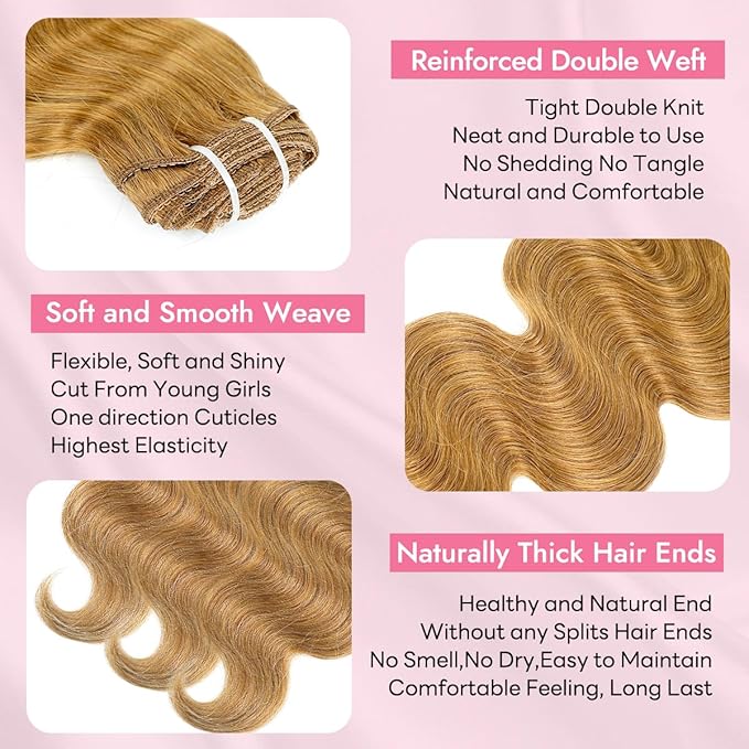 Clip in Hair Extensions Real Human Hair Body Wave 27 Honey Blonde Clip in 100% Brazilian Remy Human Hair Extensions 8pcs Per Set with 18 Clips Double Weft 24 Inch 120g/3.6oz
