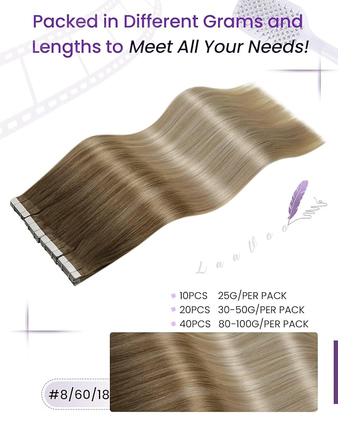 LaaVoo Tape in Hair Extensions Human Hair Tape in Extensions Blonde Ombre Human Hair Extensions Tape in Light Brown to Ash Blonde Hair 16inch 20pcs 50g