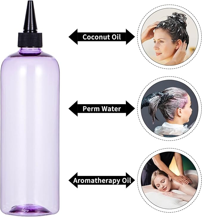 driew Applicator Bottles for Hair, 16.9oz Hair Squeeze Bottle for liquids Twist-On Top Tip Cap with Ratio Graduated Scale Color Applicator Bottle Dye Pack of 2 (16.9oz Clear Purple)