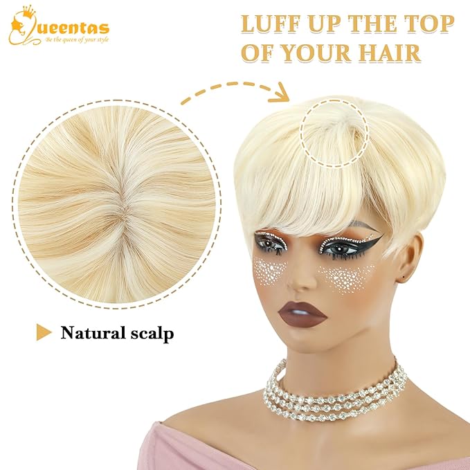 QUEENTAS Short Blonde Hair Toppers for Women with Thinning Hair Piece 360°3D Cover with 5 Clips Wispy Bangs 6.5"*6" Large Coverage Synthetic Hairpieces for Men(Mixed Blonde/#613)