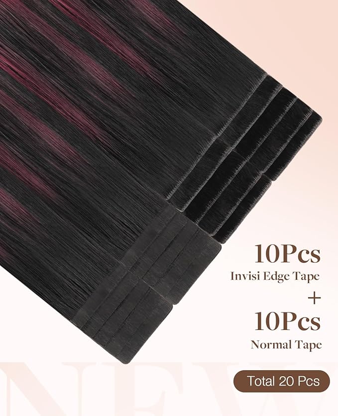 GOO GOO Invisi Edge Tape in Hair Extensions Human Hair, 1/99 Balayage Jet Black to Red 10pcs injected with 10pcs classical tape ins, 24inch 50g, Virgin Remy Hair, Natural Look