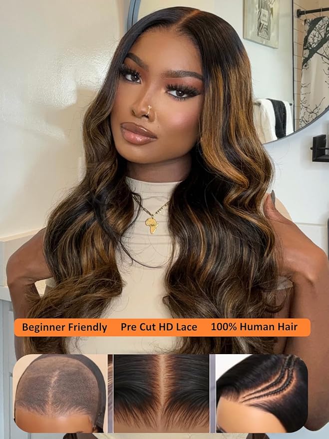 Julia Hair Bye Bye Knots Glueless Wig Highlight Balayage Brown Body Wave 7x5 Pre Cut HD Lace Front Wigs Human Hair Pre Plucked Bleached Knots Pre Everything Ready To Go Ombre Wig 18 Inch